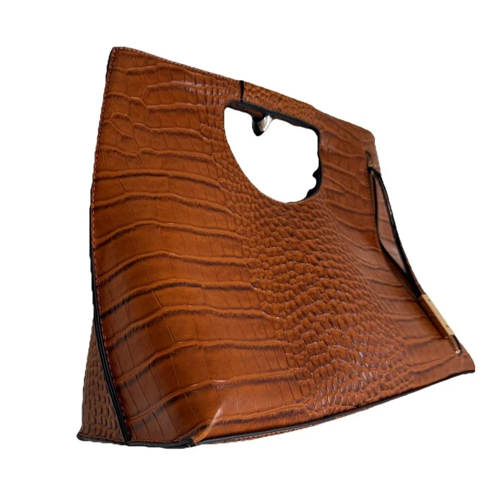 Croc Embossed Brown Faux Leather Clutch Purse Cutout Handle Shoulder Bag - Picture 4 of 16